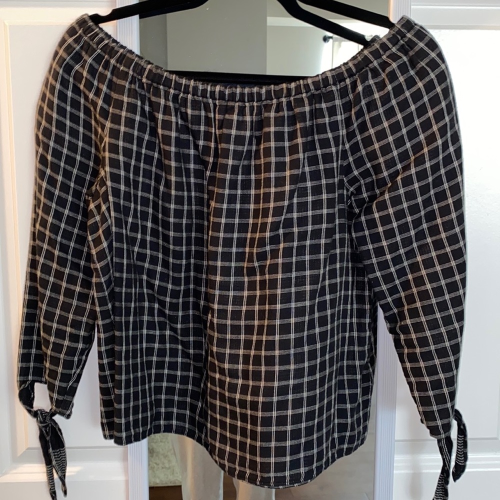 Madewell black and white plaid off the shoulder top 100% cotton